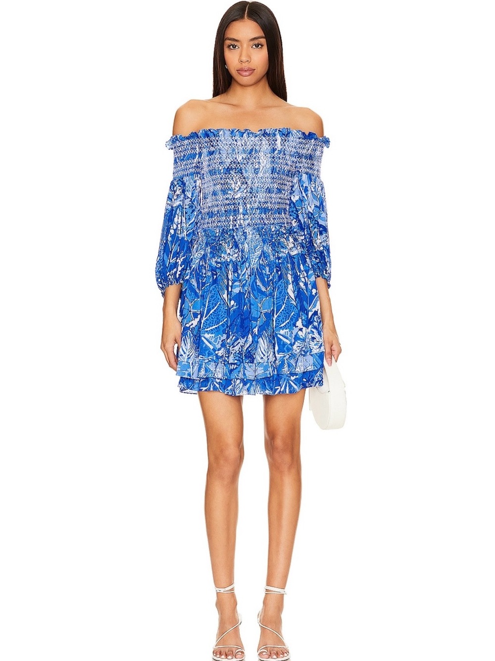Poupette St. Barth Blue Off-Shoulder Smocked Mini Dress